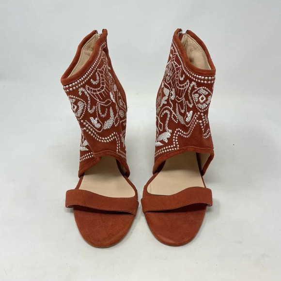Anthropologie Plomo Paula Embroidered Wedge Sandals Rust Orange Size 37 US 6.5 - Picture 2 of 8